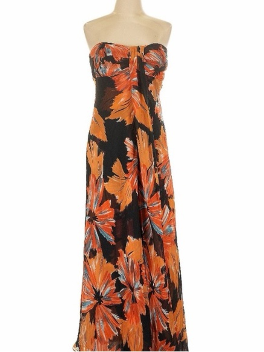 Donna Ricco Size 6 Orange & Black Floral Summer Resort Maxi Strapless Silk Dress
